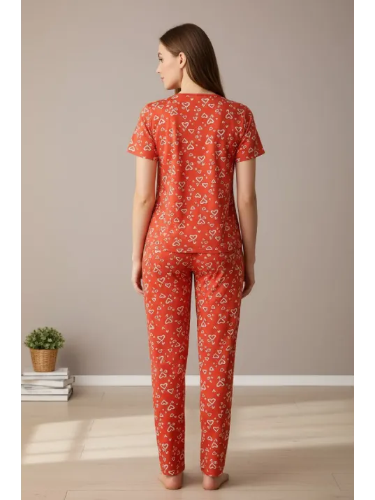 Kadın Turuncu Kalp Desenli Fiyonklu Kısa Kollu Uzun Pijama Takımı