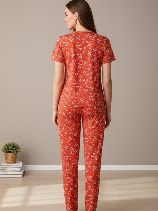 Kadın Turuncu Kalp Desenli Fiyonklu Kısa Kollu Uzun Pijama Takımı