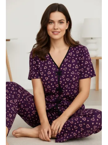 Kadın Mor Kalp Desenli Fiyonklu Kısa Kollu Uzun Pijama Takımı