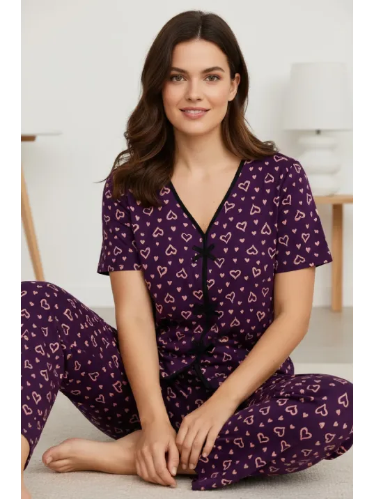 Kadın Mor Kalp Desenli Fiyonklu Kısa Kollu Uzun Pijama Takımı Kadın Mor Kalp Desenli Fiyonklu Kısa Kollu Uzun Pijama Takımı
