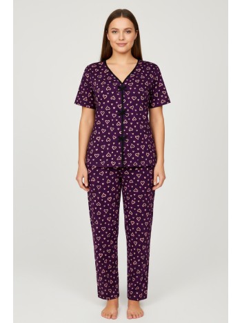 Kadın Mor Kalp Desenli Fiyonklu Kısa Kollu Uzun Pijama Takımı Kadın Mor Kalp Desenli Fiyonklu Kısa Kollu Uzun Pijama Takımı