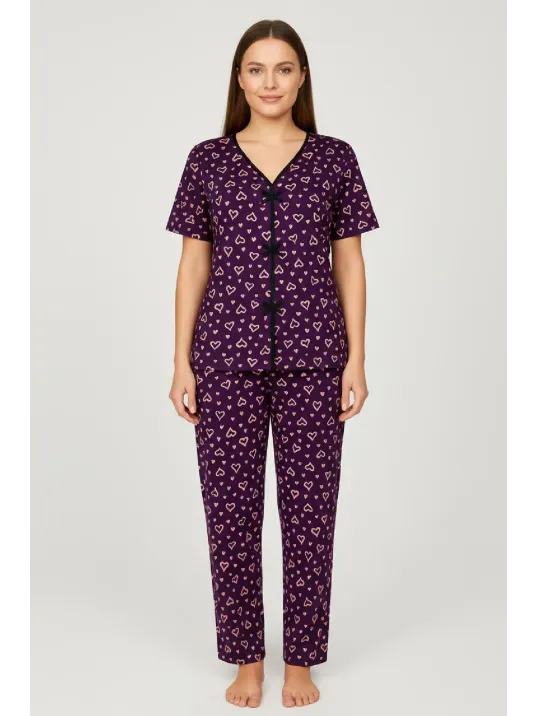 Kadın Mor Kalp Desenli Fiyonklu Kısa Kollu Uzun Pijama Takımı