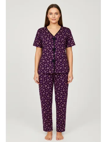 Kadın Mor Kalp Desenli Fiyonklu Kısa Kollu Uzun Pijama Takımı