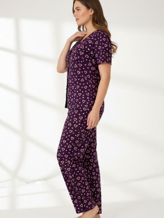 Kadın Mor Kalp Desenli Fiyonklu Kısa Kollu Uzun Pijama Takımı Kadın Mor Kalp Desenli Fiyonklu Kısa Kollu Uzun Pijama Takımı
