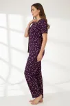 Kadın Mor Kalp Desenli Fiyonklu Kısa Kollu Uzun Pijama Takımı