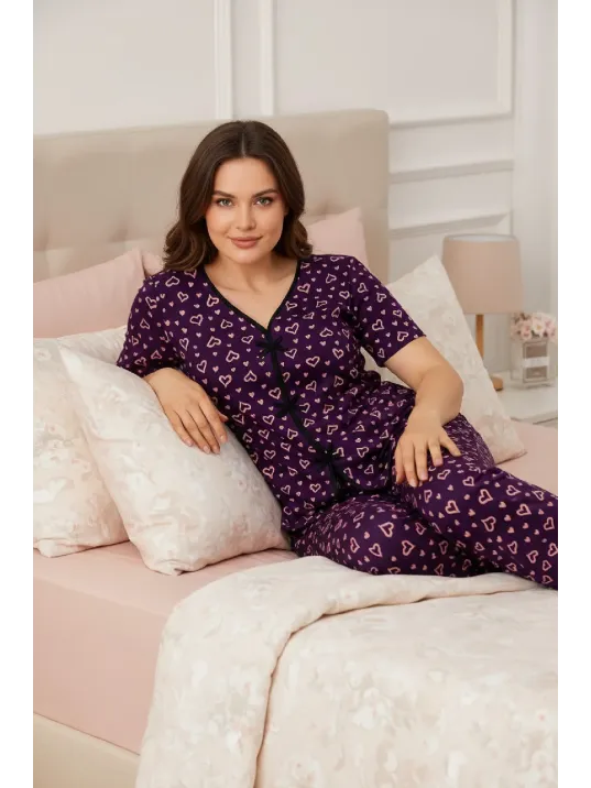 Kadın Mor Kalp Desenli Fiyonklu Kısa Kollu Uzun Pijama Takımı