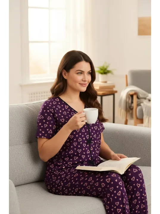 Kadın Mor Kalp Desenli Fiyonklu Kısa Kollu Uzun Pijama Takımı