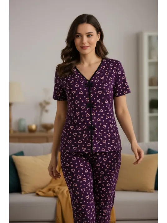 Kadın Mor Kalp Desenli Fiyonklu Kısa Kollu Uzun Pijama Takımı