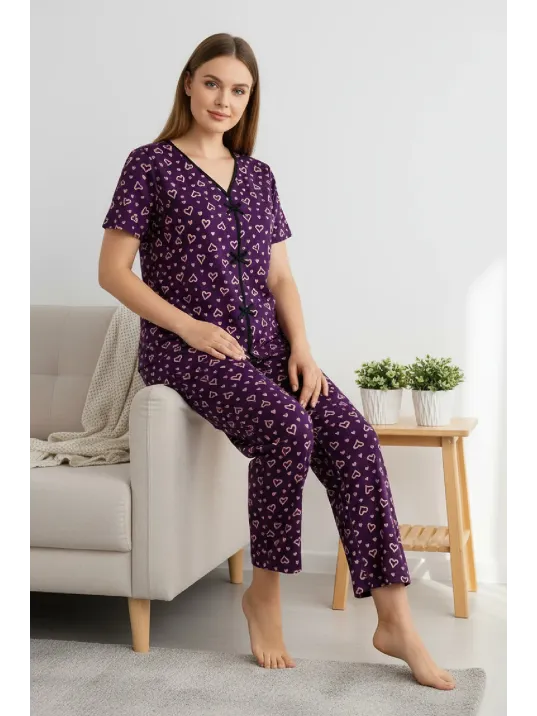 Kadın Mor Kalp Desenli Fiyonklu Kısa Kollu Uzun Pijama Takımı