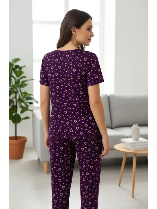 Kadın Mor Kalp Desenli Fiyonklu Kısa Kollu Uzun Pijama Takımı