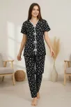Kadın Siyah Kalp Desenli Fiyonklu Kısa Kollu Uzun Pijama Takımı Kadın Siyah Kalp Desenli Fiyonklu Kısa Kollu Uzun Pijama Takımı