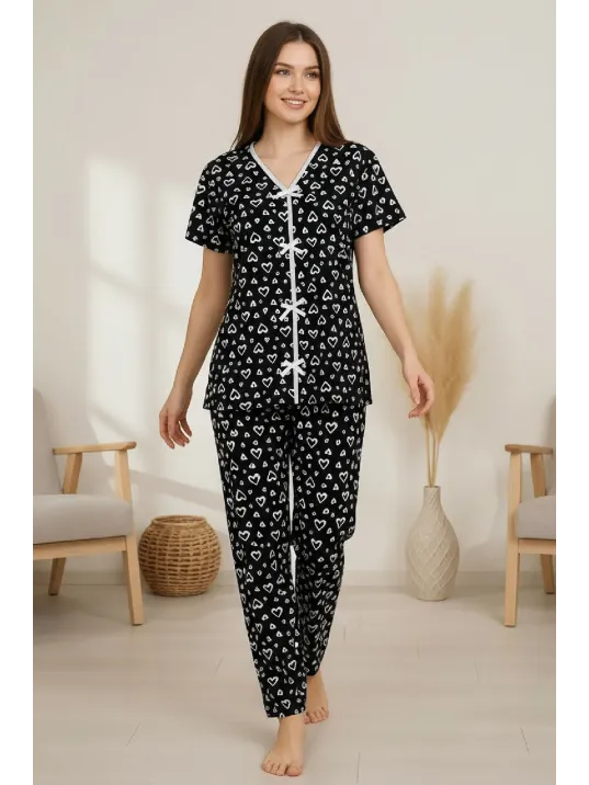 Kadın Siyah Kalp Desenli Fiyonklu Kısa Kollu Uzun Pijama Takımı Kadın Siyah Kalp Desenli Fiyonklu Kısa Kollu Uzun Pijama Takımı