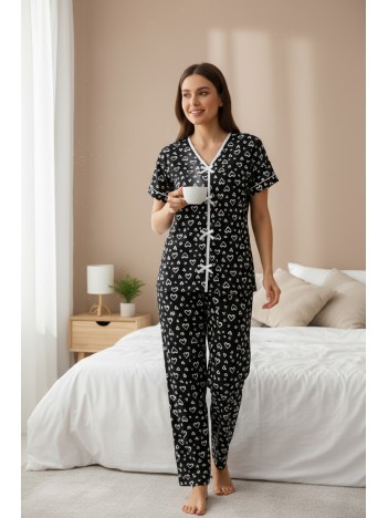Kadın Siyah Kalp Desenli Fiyonklu Kısa Kollu Uzun Pijama Takımı