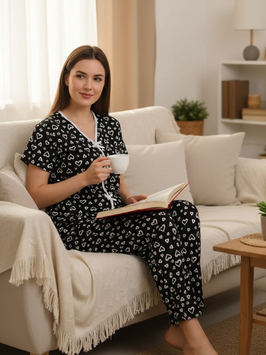 Kadın Siyah Kalp Desenli Fiyonklu Kısa Kollu Uzun Pijama Takımı Kadın Siyah Kalp Desenli Fiyonklu Kısa Kollu Uzun Pijama Takımı