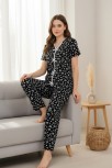 Kadın Siyah Kalp Desenli Fiyonklu Kısa Kollu Uzun Pijama Takımı Kadın Siyah Kalp Desenli Fiyonklu Kısa Kollu Uzun Pijama Takımı