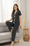 Kadın Siyah Kalp Desenli Fiyonklu Kısa Kollu Uzun Pijama Takımı Kadın Siyah Kalp Desenli Fiyonklu Kısa Kollu Uzun Pijama Takımı