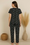 Kadın Siyah Kalp Desenli Fiyonklu Kısa Kollu Uzun Pijama Takımı Kadın Siyah Kalp Desenli Fiyonklu Kısa Kollu Uzun Pijama Takımı