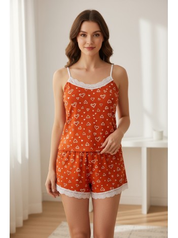 Kadın Turuncu Kalp Desenli Askılı Şortlu Dantelli Pijama Takımı Kadın Turuncu Kalp Desenli Askılı Şortlu Dantelli Pijama Takımı