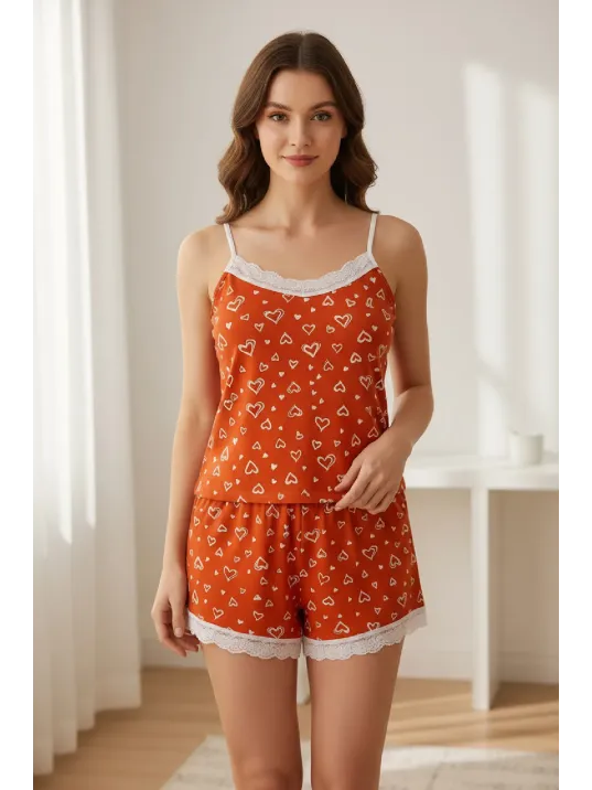 Kadın Turuncu Kalp Desenli Askılı Şortlu Dantelli Pijama Takımı