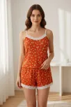 Kadın Turuncu Kalp Desenli Askılı Şortlu Dantelli Pijama Takımı