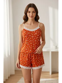 Kadın Turuncu Kalp Desenli Askılı Şortlu Dantelli Pijama Takımı