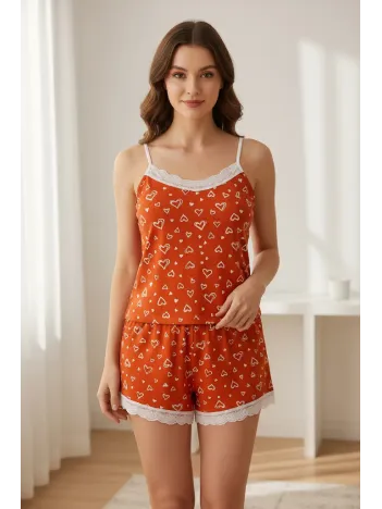 Kadın Turuncu Kalp Desenli Askılı Şortlu Dantelli Pijama Takımı