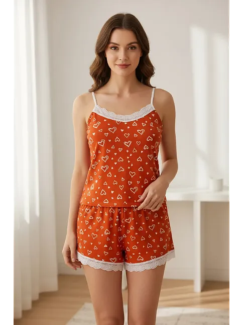 Kadın Turuncu Kalp Desenli Askılı Şortlu Dantelli Pijama Takımı