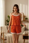 Kadın Turuncu Kalp Desenli Askılı Şortlu Dantelli Pijama Takımı
