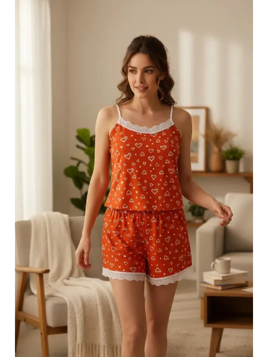 Kadın Turuncu Kalp Desenli Askılı Şortlu Dantelli Pijama Takımı