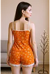 Kadın Turuncu Kalp Desenli Askılı Şortlu Dantelli Pijama Takımı