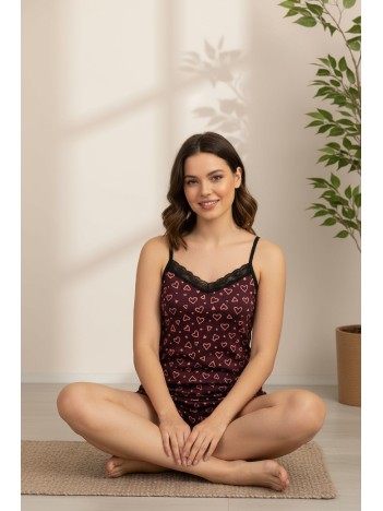 Kadın Mor Kalp Desenli Askılı Şortlu Dantelli Pijama Takımı