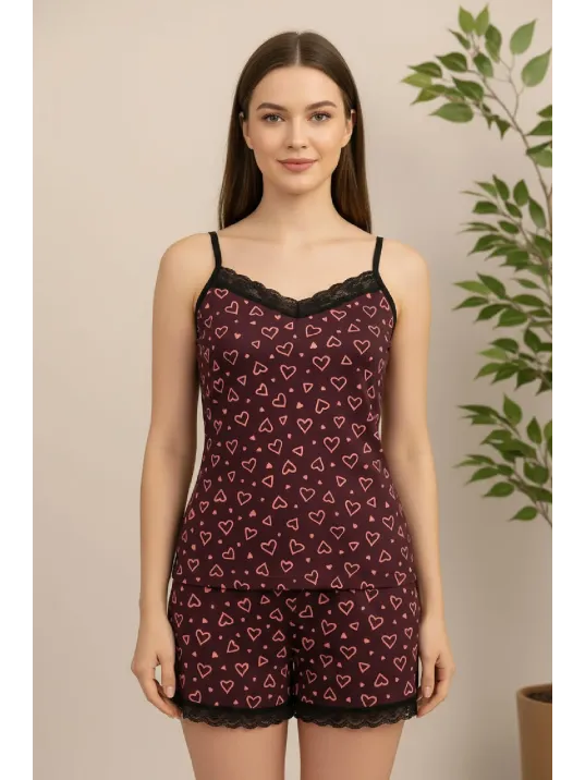 Kadın Mor Kalp Desenli Askılı Şortlu Dantelli Pijama Takımı