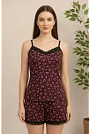 Kadın Mor Kalp Desenli Askılı Şortlu Dantelli Pijama Takımı