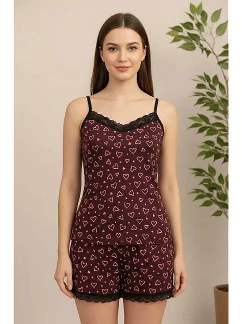 Kadın Mor Kalp Desenli Askılı Şortlu Dantelli Pijama Takımı