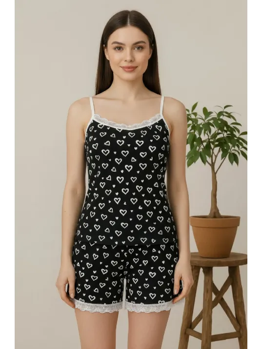 Kadın Siyah Kalp Desenli Askılı Şortlu Dantelli Pijama Takımı