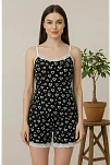 Kadın Siyah Kalp Desenli Askılı Şortlu Dantelli Pijama Takımı