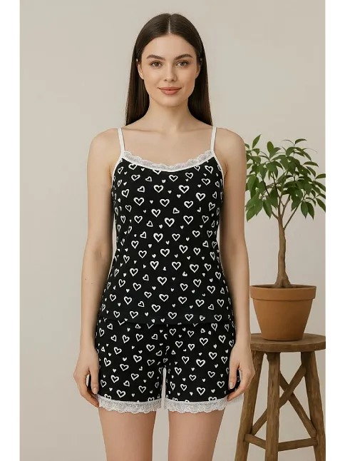 Kadın Siyah Kalp Desenli Askılı Şortlu Dantelli Pijama Takımı