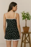 Kadın Siyah Kalp Desenli Askılı Şortlu Dantelli Pijama Takımı