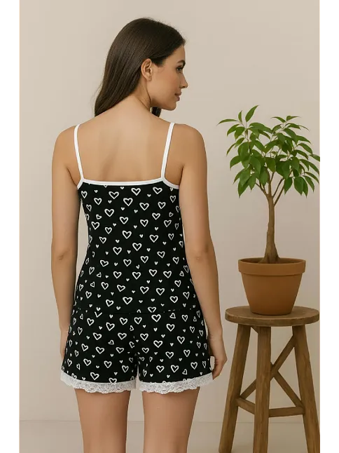 Kadın Siyah Kalp Desenli Askılı Şortlu Dantelli Pijama Takımı