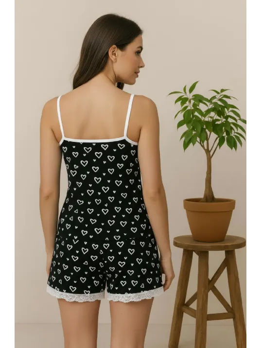 Kadın Siyah Kalp Desenli Askılı Şortlu Dantelli Pijama Takımı