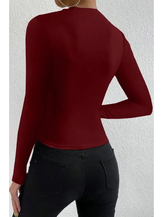 Kadın Bordo Belden Ve Boyundan Büzgü Detaylı Uzun Kollu Bluz