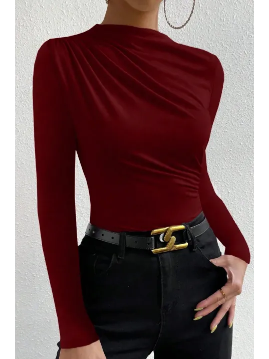 Kadın Bordo Belden Ve Boyundan Büzgü Detaylı Uzun Kollu Bluz