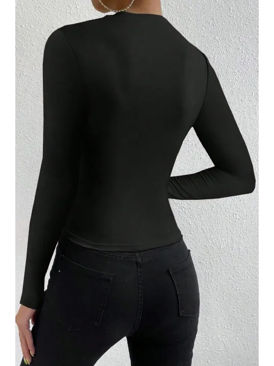 Kadın Siyah Belden Ve Boyundan Büzgü Detaylı Uzun Kollu Bluz Kadın Siyah Belden Ve Boyundan Büzgü Detaylı Uzun Kollu Bluz