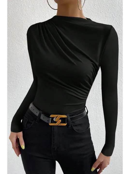 Kadın Siyah Belden Ve Boyundan Büzgü Detaylı Uzun Kollu Bluz