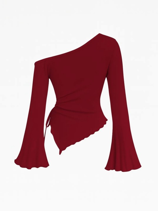 Kadın Bordo Uzun İspanyol Kollu Asimetirik Yaka Yandan Bağlamalı Drapeli Bluz Kadın Bordo Uzun İspanyol Kollu Asimetirik Yaka Yandan Bağlamalı Drapeli Bluz