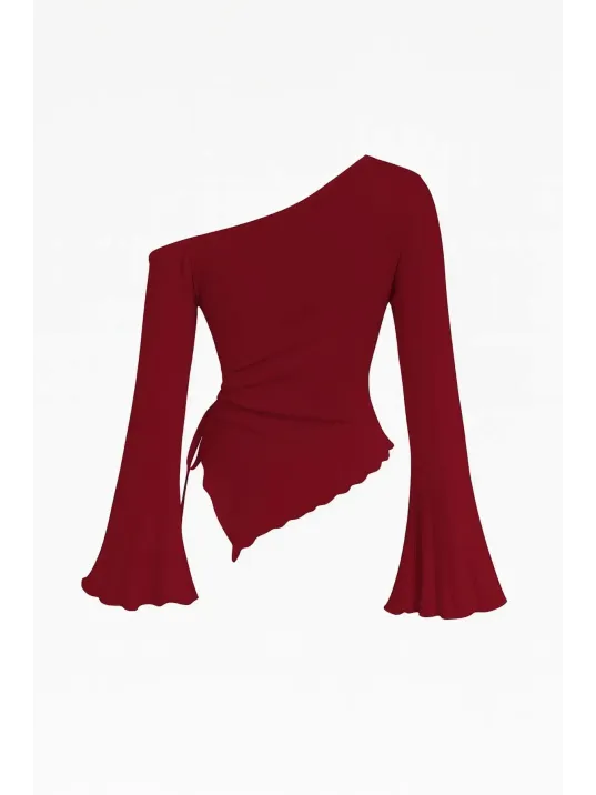 Kadın Bordo Uzun İspanyol Kollu Asimetirik Yaka Yandan Bağlamalı Drapeli Bluz