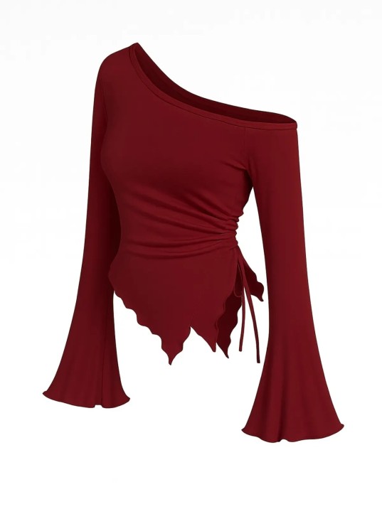 Kadın Bordo Uzun İspanyol Kollu Asimetirik Yaka Yandan Bağlamalı Drapeli Bluz Kadın Bordo Uzun İspanyol Kollu Asimetirik Yaka Yandan Bağlamalı Drapeli Bluz