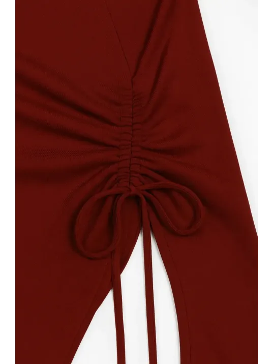 Kadın Bordo Uzun İspanyol Kollu Asimetirik Yaka Yandan Bağlamalı Drapeli Bluz