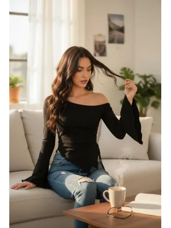 Kadın Siyah Uzun İspanyol Kollu Asimetirik Yaka Yandan Bağlamalı Drapeli Bluz Kadın Siyah Uzun İspanyol Kollu Asimetirik Yaka Yandan Bağlamalı Drapeli Bluz