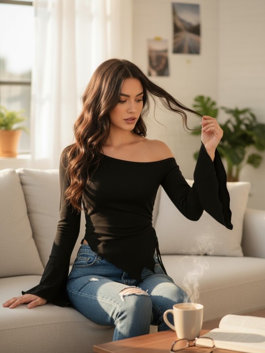 Kadın Siyah Uzun İspanyol Kollu Asimetirik Yaka Yandan Bağlamalı Drapeli Bluz